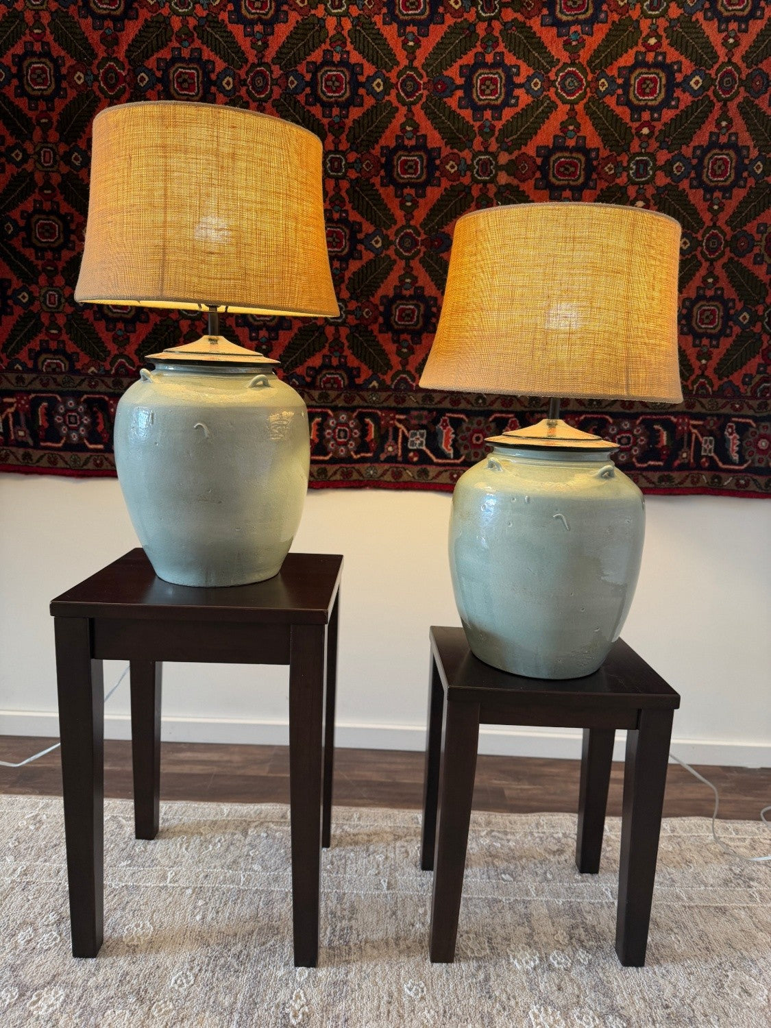 Pottery Barn Jug Burlap Shade Lamp