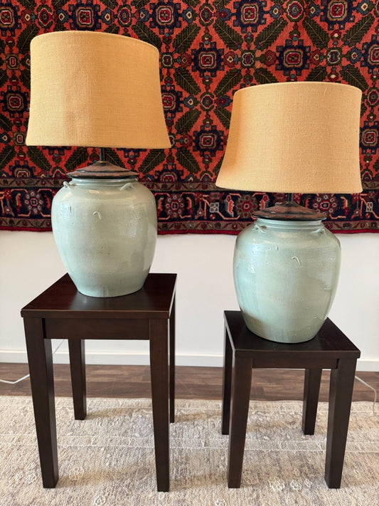 Pottery Barn Jug Burlap Shade Lamps
